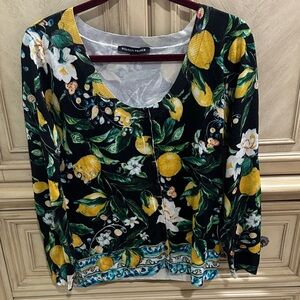 Boston Proper Black Top with Lemon and Floral Print L